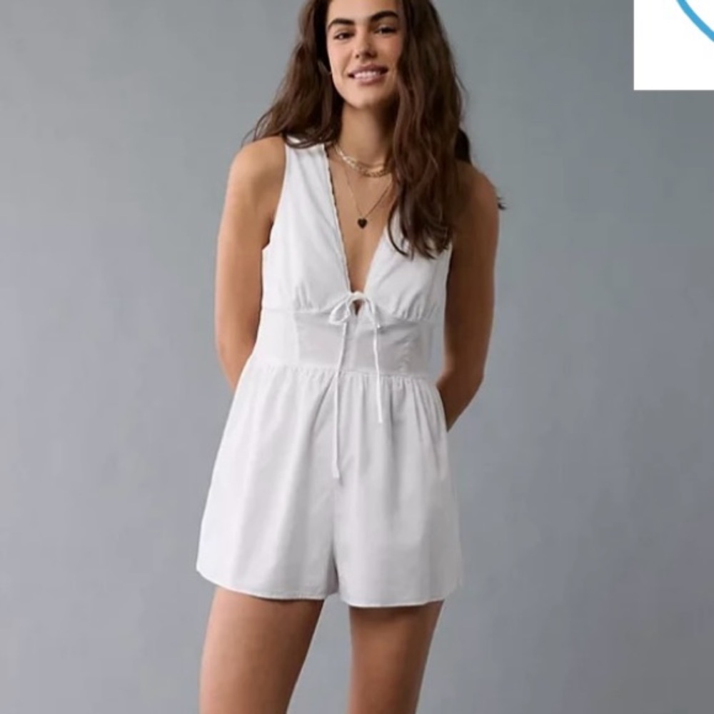 American Eagle | Tie Front V-Neck Romper, Lace Detail, White, Size S - NWOT